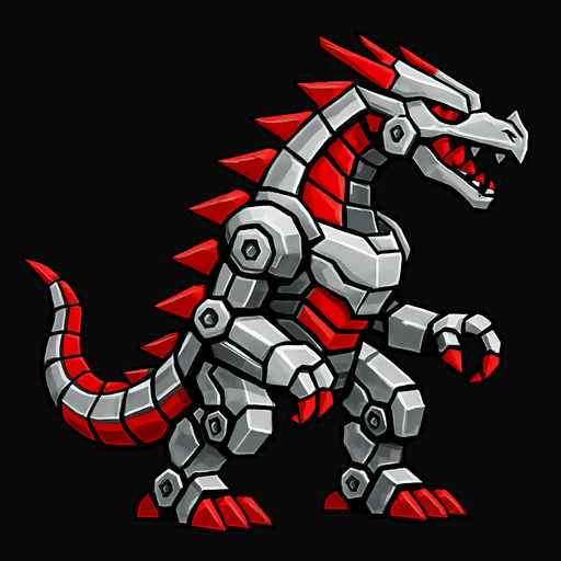 silver red row dragon mecha side scroller.
In-Game asset.  2d.  High contrast.  No shadows