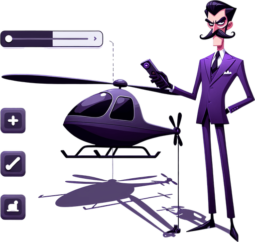 Waluigi flying a helicopter.
Single Game Texture.  In-Game asset.  2d.  Blank background.  High contrast.  No shadows