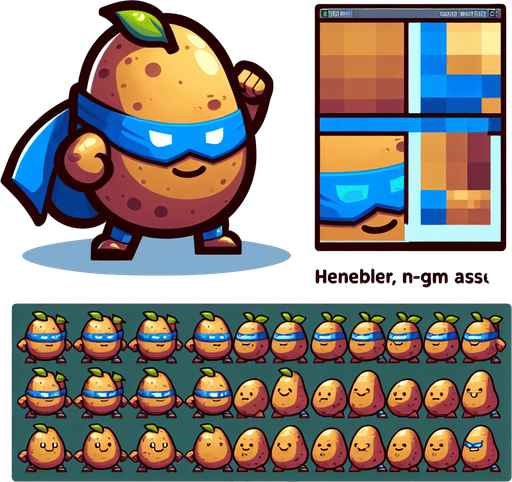 A heroic potato.
Single Game Texture. In-Game asset. 2d. Blank background. High contrast. No shadows.
