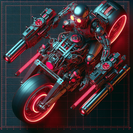 A thin robot with goggles riding a hover-bike. Twin blaster guns mounted on front. Top down view. Birds Eye view. Cyberpunk with red glowing highlights...
Single Game Texture. In-Game asset. 2d. Blank background. High contrast. No shadows.