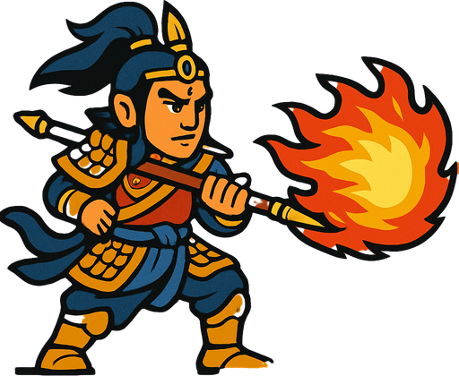 erlang shen. the sun wukong enemy. side scroller image. atack with fire 
In-Game asset.  2d.  High contrast.  No shadows