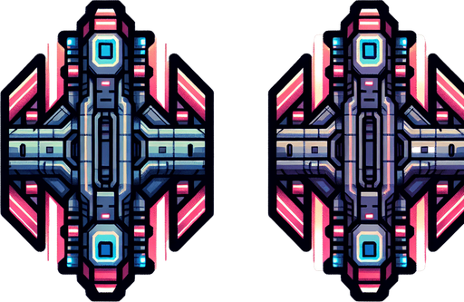 double sided space ship. symetrical.
Single Game Texture.  In-Game asset.  2d.  Blank background.  High contrast.  No shadows, color, neon