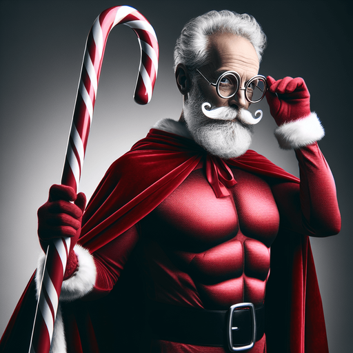 A old super hero Santa Claus holding a candy cane in his hand High contrast.
