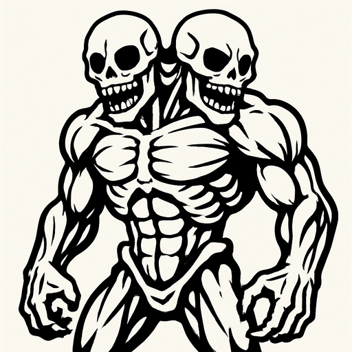 montruo blanco de ojos negros de dos cabezas musculoso esqueletico.
In-Game asset.  2d.  High contrast.  No shadows