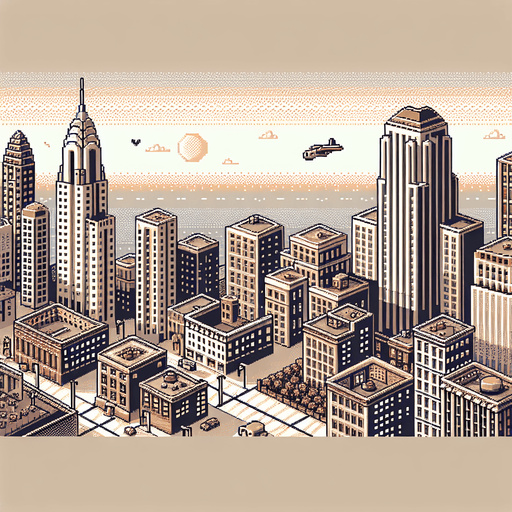 Retro cityscape, pixel art  1930s, sky view, aerial view
Single Game Texture. In-Game asset. 2d. Blank background. High contrast. No shadows.