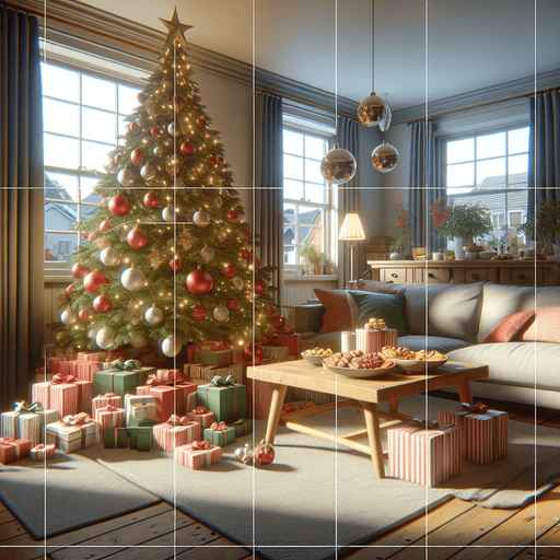 A cozy living room with a christmas tree, presents, snacks, ornaments and everythning in place for christmas. Single Game Texture. In-Game asset. 2d. Blank background. High contrast. No shadows.