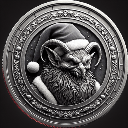 krampus with a christmas hat coin embossed on it png.
Single Game Texture. In-Game asset. 2d. Blank background. High contrast. No shadows.
