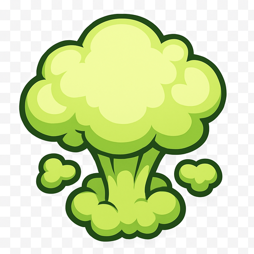 Top-down view of a cartoon-style fart cloud shaped like a small nuclear explosion, soft puffy smoke, exaggerated mushroom shape, playful and funny, light greenish tint, stylized for a colorful top-down mobile game, clear outline, transparent background.
In-Game asset.  2d.  High contrast.  No shadows