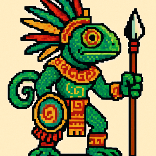Generame un guerrero azteca con patrones, estilo pixelar, ademas sera un Camaleón de Cundinamarcahumanoide.
In-Game asset.  2d.  High contrast.  No shadows