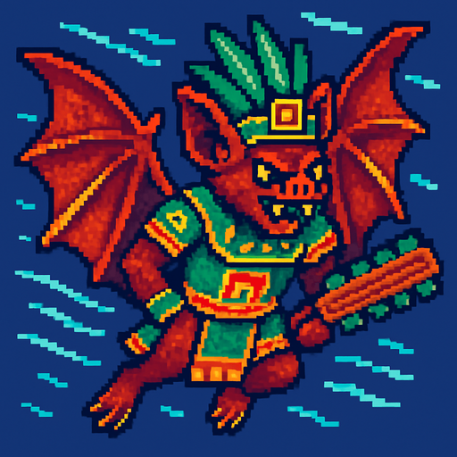 Generame un guerrero azteca con patrones, estilo pixelar, además será Murciélago frugívoro, unidad voladora con alas, con efectos de viento. Tiene que ser un animal..
In-Game asset.  2d.  High contrast.  No shadows