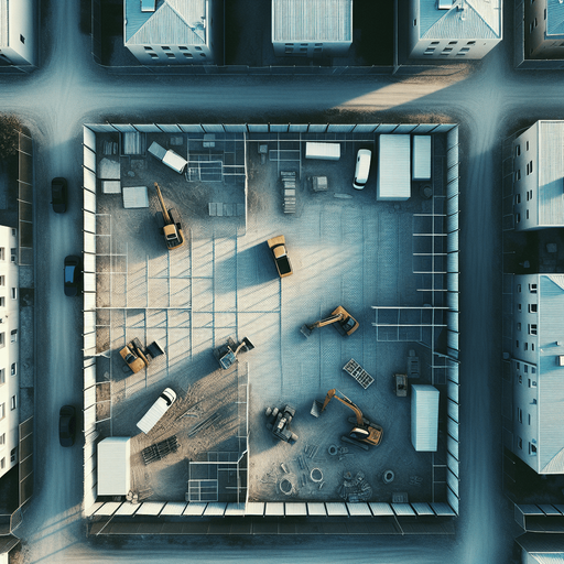 A small Constrution Yard. 
No people, No buidings, just 2-3 construction machinery with a fence.
No perspective, Directly from above