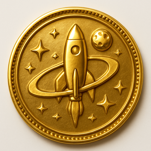 Uzay temalı altın coin, gerçekçi, yazısız üstten görünüm. 
In-Game asset.  High contrast.  No shadows