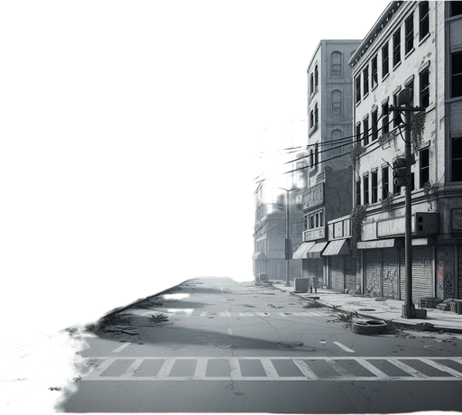 background of an abandoned street.
Single Game Texture. In-Game asset. 2d. Blank background. High contrast. No shadows.