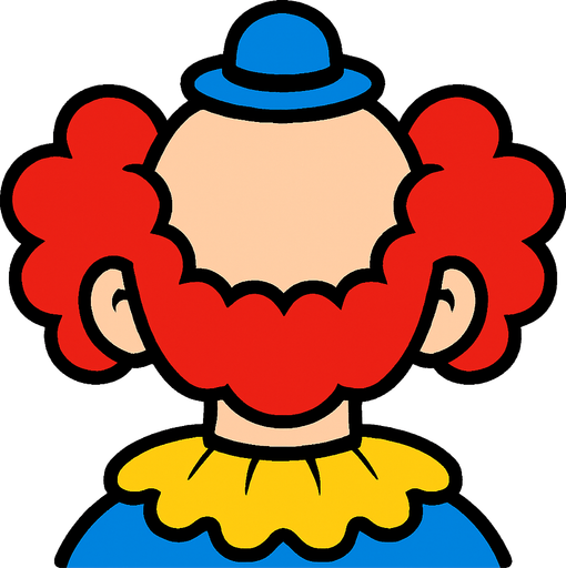 bir palyanço kafasının arka üsten görünümü çizgi film stili.
In-Game asset.  2d.  High contrast.  No shadows