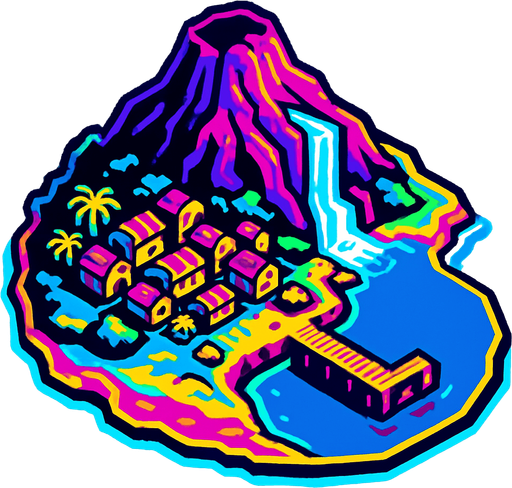 A small island centered with a large mountain taking up most of it with a waterfall on the south side and a fishing village just below it. Under the fishing village is a harbor with a single empty dock. The dock extends into a half open bay. 80s arcade machine inspire high definition graphics with 80s colored highlights. White background. Top down 3/4 view. 
In-Game asset.  2d.  High contrast.  No shadows