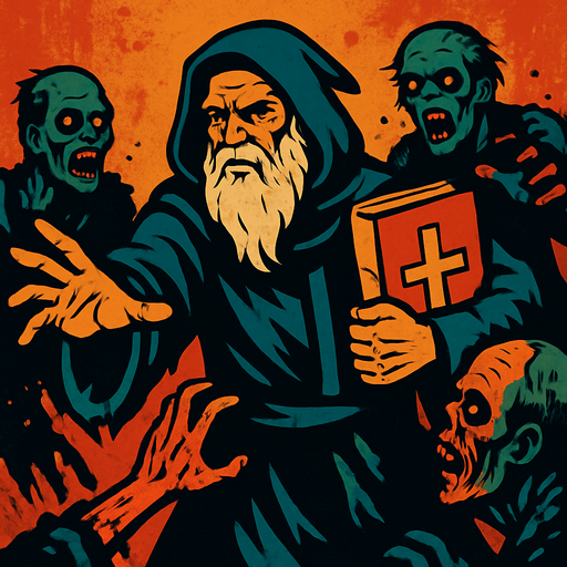A background image (wallpaper) representing an old prophet-like man with white hair and beard, wearing a priest's robe (hooded) and holding a holy book (christianity, cross) in his hand, fighting against zombies..
In-Game asset.  2d.  High contrast.  No shadows