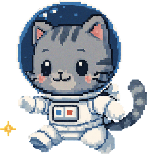 A cute gray chibi-style anime kitten, dressed in an astronaut suit and drifting through the universe, rendered in Pixel Art.