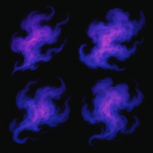 Wispy, gas-like particles

```
- Shape: Irregular, cloud-like with flowing tendrils
- Colors: Purple (#8844FF), magenta (#FF44AA), blue (#4488FF)
- Opacity: 60-80% at center, fading to transparent
- Texture: Soft, organic, slightly mottled
- Multiple variants: 3-4 different shapes for variety.
In-Game asset.  2d.  High contrast.  No shadows
