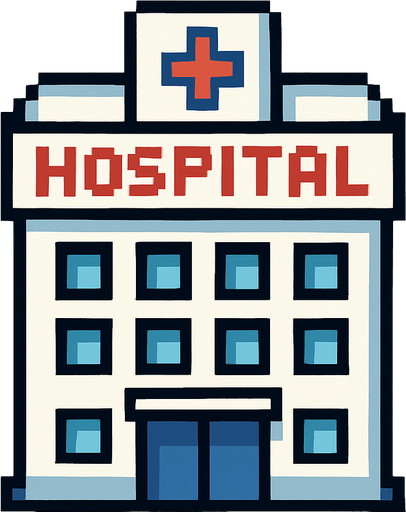 Hospital building 2d pixilated topdown.
In-Game asset.  2d.  High contrast.  No shadows
