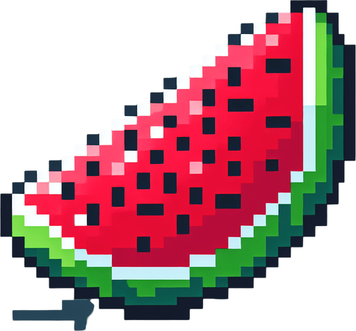 8 bit watermelon slice no shadows.
Single Game Texture. In-Game asset. 2d. Blank background. High contrast. No shadows.