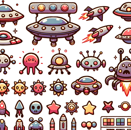 Spritesheet, Including spaceships, UFOs, Boss monster, Space monster...
Studio Ghibli. Mobile game. Colorful. hand drawn. cute, fun. In-Game asset. 2d. Blank background. High contrast. No shadows.