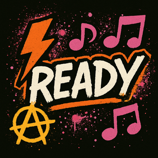 müzik temalı cool ready yazısı biraz da sprey boya punk tarzı.
In-Game asset.  2d.  High contrast.  No shadows