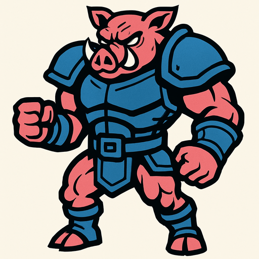 cerdo en 2 patas musculoso con armadura.
In-Game asset.  2d.  High contrast.  No shadows