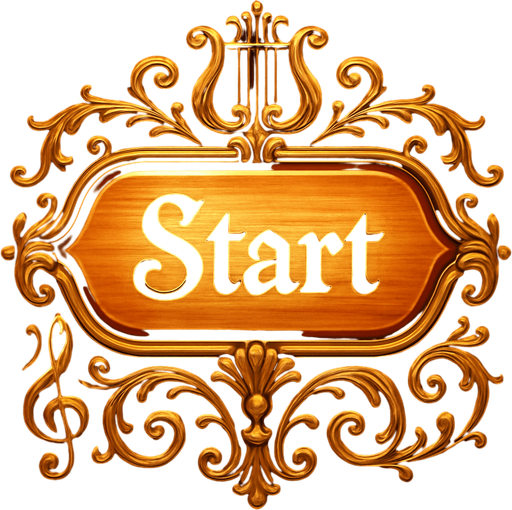 Crea un botón visual para la pantalla de inicio de un videojuego llamado Symphony Siege. El botón debe decir "Start" y estar inspirado en una sala de conciertos clásica y elementos musicales. El diseño debe tener un estilo elegante, ligeramente barroco o sinfónico, con detalles dorados y formas suaves. El texto "Start" debe estar centrado y ser legible, con una tipografía estilizada tipo partitura o manuscrito musical. El fondo del botón debe parecer una tecla de piano brillante o una placa de madera de violín. El contorno puede tener detalles dorados o bronces ornamentales. El botón debe emitir una sensación de majestuosidad y armonía, no modernidad ni minimalismo.
In-Game asset.  2d.  High contrast.  No shadows