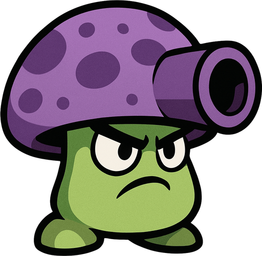 Cabeza (sombrero del hongo): Es grande, redonda y de color morado con manchas más oscuras. En el frente tiene una estructura que parece una boquilla o cañón, lo que da la impresión de que puede disparar algo.

Cuerpo: Pequeño y de color verde claro, con una expresión facial seria o enojada. Tiene ojos grandes y cejas inclinadas hacia abajo, lo que resalta su actitud agresiva o decidida.

Estilo: Es un diseño al estilo de caricatura o videojuego, similar a los personajes de Plants vs. Zombies..
In-Game asset.  2d.  High contrast.  No shadows