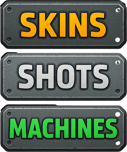 pack of different 3 buttons "skins""shots""machines", metal texture, different color for metal and for text.
In-Game asset.  2d.  High contrast.  No shadows