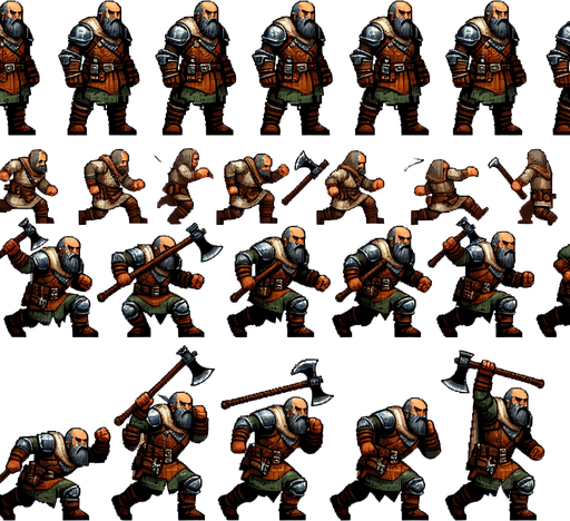 A spritesheet with various poses for a heavily armored little dwarven warrior with an axe in various poses for use in an endless runner game. Te poses should include walking, eating, jumping, ducking low, and chargingforward. Sprites should be laid out in a rectangular grid wih blank space between them. Style should be medieval fantasy..
Single Game Texture. In-Game asset. 2d. Blank background. High contrast. No shadows.