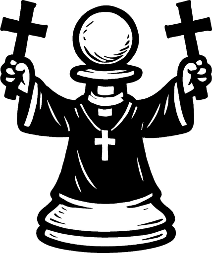 Draw a white pawn dressed in a priest's robe and holding two crosses in the air in a divine manner.
In-Game asset.  2d.  High contrast.  No shadows