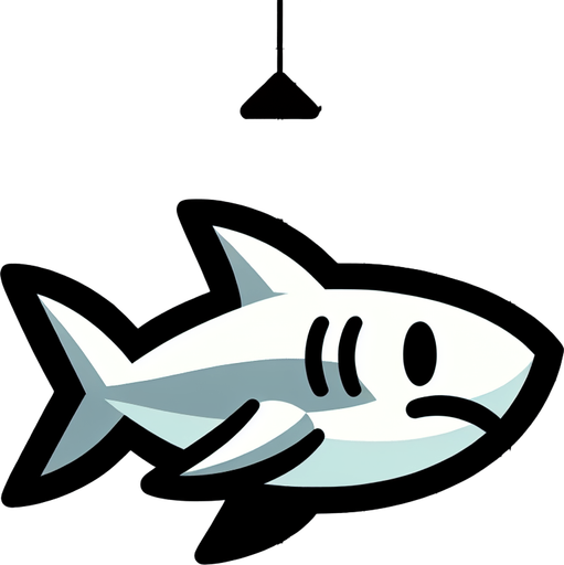 A cartoon shark swimming side profile..
Single Game Texture.  In-Game asset.  2d.  Blank background.  High contrast.  No shadows