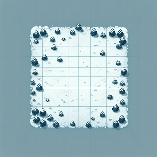 Top down snowy field with some scattered tries. Single Game Texture. In-Game asset. 2d. Blank background. High contrast. No shadows.