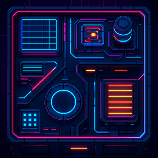 2D Top floor of complicated tower facing the screen to use it as a grid. future. Cyberpunk+abstract style. neon lights. seen from above. HD colors. No Diagonal assets.