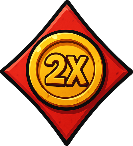 The diamond card suit with a coin in the center. The coin has a ‘2X’ in the center.  Anime style..
In-Game asset.  2d.  High contrast.  No shadows