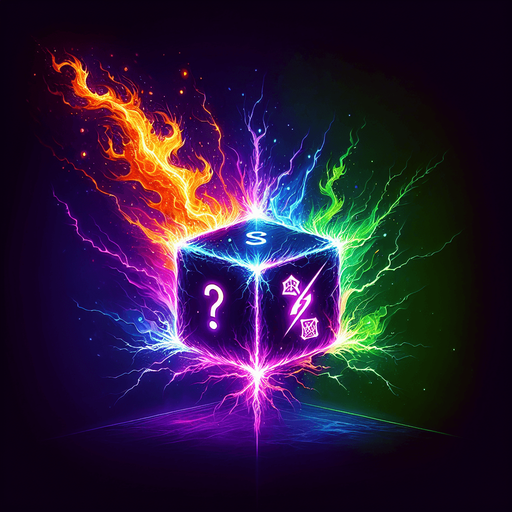 A crackling spark of energy rapidly shifting between multiple colors (purple, green, orange). Could also be a die symbol with elemental icons instead of pips, or a weapon impact with a question mark..
Single Game Texture.  In-Game asset.  2d.  Blank background.  High contrast.  No shadows