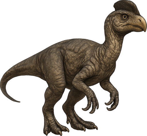 A realistic Oviraptor dinosaur depicted in a neutral pose on a transparent background. It has smooth, mottled gray and brown scaly skin with visible wrinkles and texture. The head is short and rounded with a prominent crest above its eyes and a strong, curved beak. Its limbs are muscular with sharp claws. The tail is medium length and slightly curved. The skin texture shows detailed scales and natural imperfections, emphasizing a lifelike, agile predator..
In-Game asset.  2d.  High contrast.  No shadows