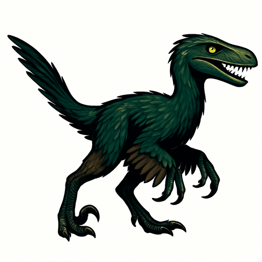 A sleek Deinonychus dinosaur covered with dark green and brown feathers, showing a mix of short downy feathers on the body and longer, quill-like feathers on the arms and tail. It has bright, alert eyes and a narrow head with sharp teeth visible. The legs are muscular with the signature sickle-shaped claws. Feathers have a glossy texture, giving the dinosaur a dynamic, bird-like appearance..
In-Game asset.  2d.  High contrast.  No shadows