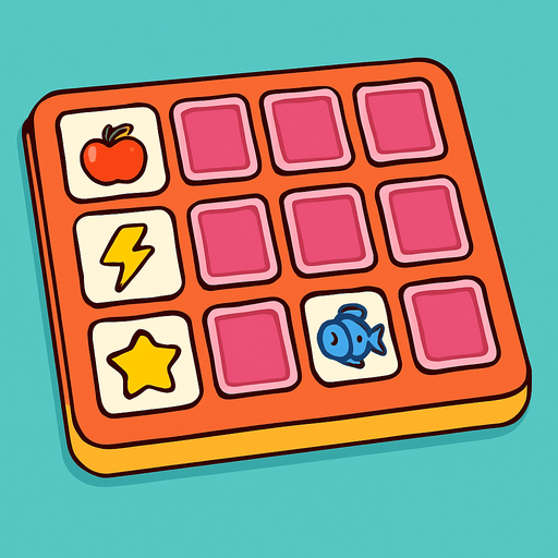 a cartoon style 3d image of a memory match board game with some cards face up and some cards face down..
In-Game asset.  2d.  High contrast.  No shadows
