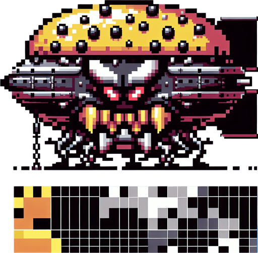an evil burger airship.
Single Game Texture. In-Game asset. 2d. Blank background. High contrast. No shadows. 8bit