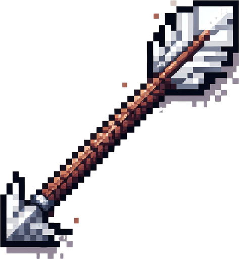 A wooden arrow with white feathers and a steel arrow head. Horizontal. Pixel art.
Single Game Texture.  In-Game asset.  2d.  Blank background.  High contrast.  No shadows