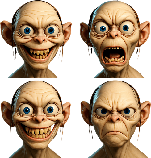 3D Scary but funny and cute face meme of gollum. only face, different faces look.
In-Game asset.  3D.  High contrast.  No shadows. only face