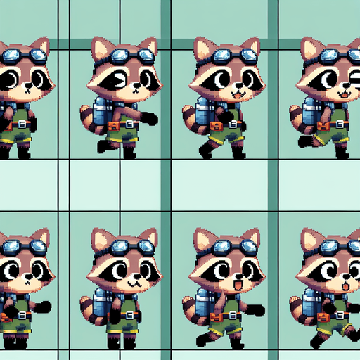 A spritesheet with a number of poses of a cartoonish raccon cub in scuba gear, smiling, walking, waiting, standing, ordering, turning, etc. all seen from the side.The spritesheet should be laid out in a rectangular grid with clear space between each individual sprite. Each sprite in the sheet should be around 300x600 pixels in size..
Single Game Texture. In-Game asset. 2d. Blank background. High contrast. No shadows.