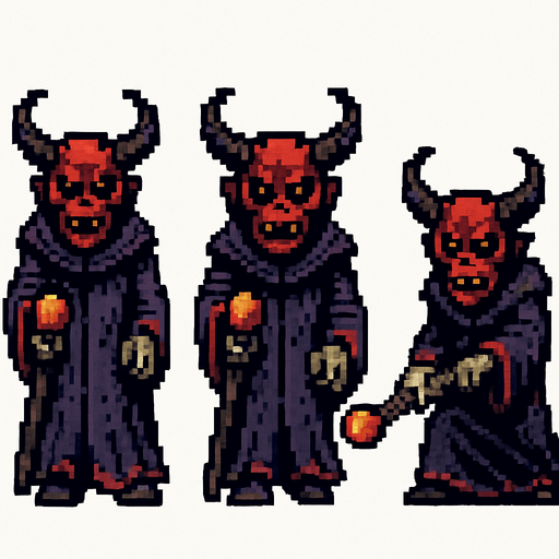 A sprite sheet for grotesque demonic sorcerer with a staff. Two walking sprites with alternating legs and one attack sprite where the staff is lowered and aimed to shoot a spell. Straight on front view. Retro pixelated art.. white background
In-Game asset.  2d.  High contrast.  No shadows