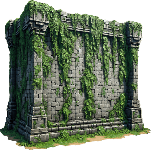 A barier wall with vines on it.
Single Game Texture.  In-Game asset.  2d.  Blank background.  High contrast.  No shadows