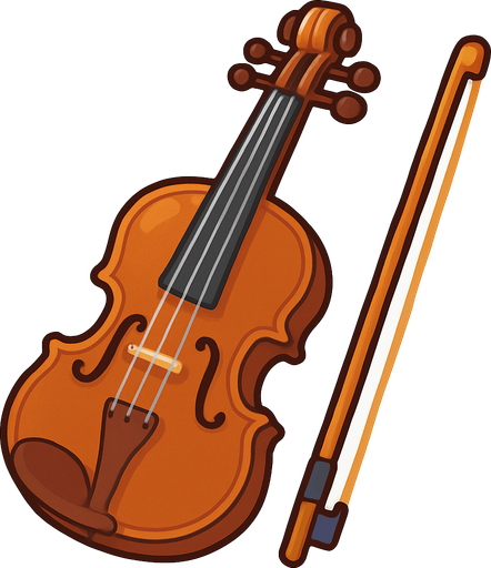 A colorful, cartoon-style 2D illustration of a classical violin with a bow beside it. The body should be rich brown with visible strings, pegs, and f-holes. Designed with soft shadows and rounded edges for use in a kids’ music game. Export as a transparent rounded background PNG..
In-Game asset.  2d.  High contrast.  No shadows