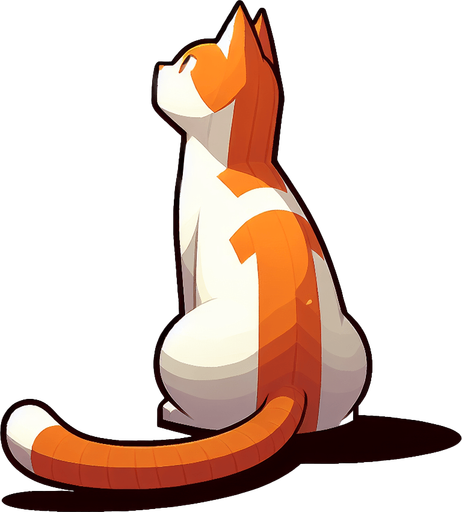 an orange and white cat facing away from the camera. the cat is sitting straight up and looking up, ready to pounce.
Single Game Texture.  In-Game asset.  2d.  Blank background.  High contrast.  No shadows