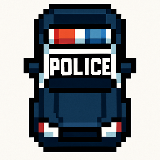 coche de policia hecho con pixeles con perspectiva desde arriba
In-Game asset.  2d.  High contrast.  No shadows