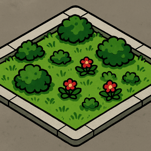 Street block, garden with concrete walkway on the border.
In-Game asset.  2d.  High contrast.  No shadows